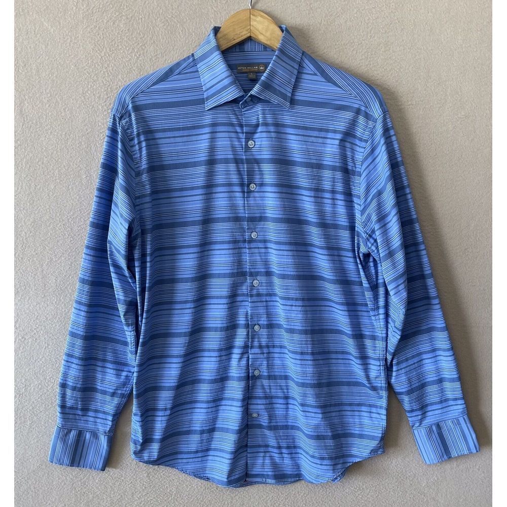 Peter Millar Summer Comfort Shirt Mens L Blue Striped Long Sleeve Stretch Casual